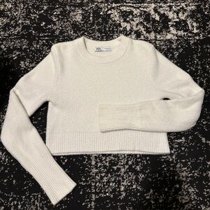 Zara White Cropped Crew Neck Sweater Ribbed Cuffs Size M Women's